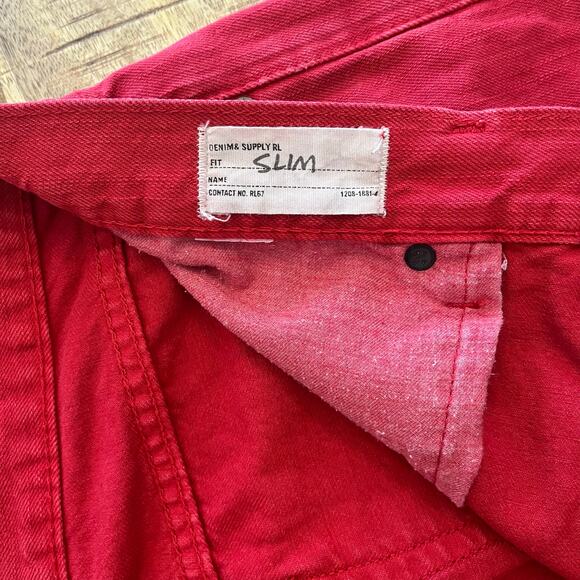 Denim & Supply Ralph Lauren Slim Jeans Mens 36x32 Red Denim Distressed Dyed - Picture 12 of 16